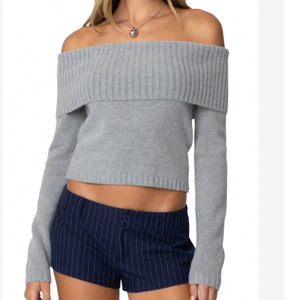 Edikted Tamara Fold Over Gray Off The Shoulder Ribbed Knit Cropped Sweater NWT S